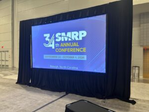SMRP 34th Annual Conference screen on stage at the Raleigh Convention Center, September 28 to October 1, 2026, in Raleigh, North Carolina
